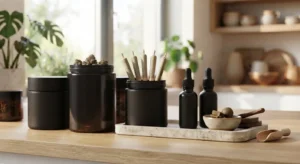 Curated selection of jars and pre-rolls showcasing the best cannabis brands in NY on a wooden table.