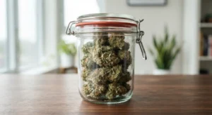 Fresh green cannabis buds in a glass jar showing top matrix flower deals