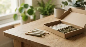 pre rolls price menu display featuring different joint sizes on a clean wooden table