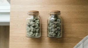 Difference between indica and sativa cannabis flower displayed side by side